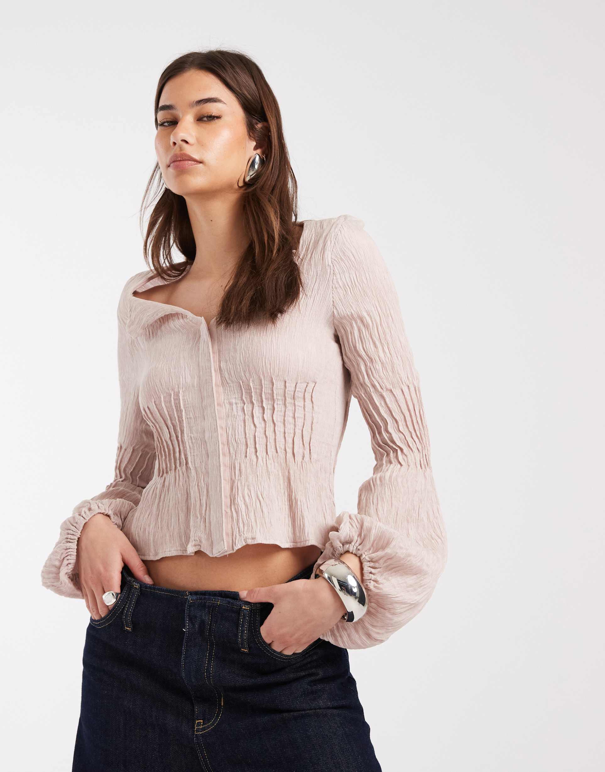 laagam dalia puff sleeve long sleeve blouse in light pink