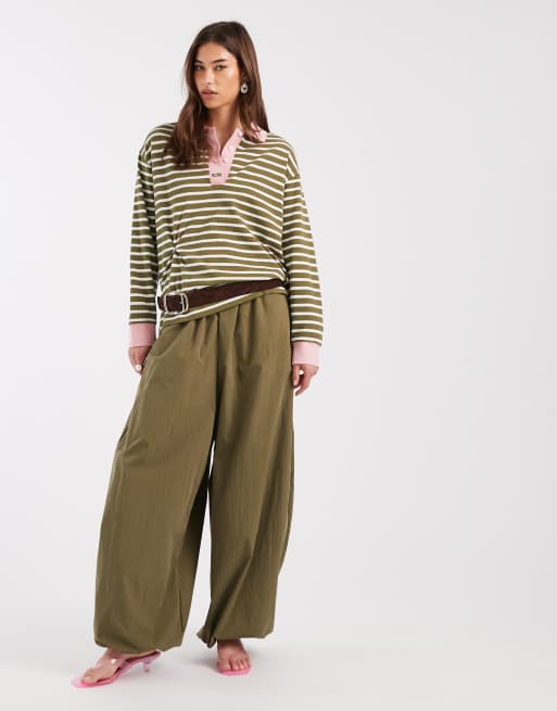 Laagam duse oversized long sleeve contrast stripe polo shirt in green and pink, 2 of 4