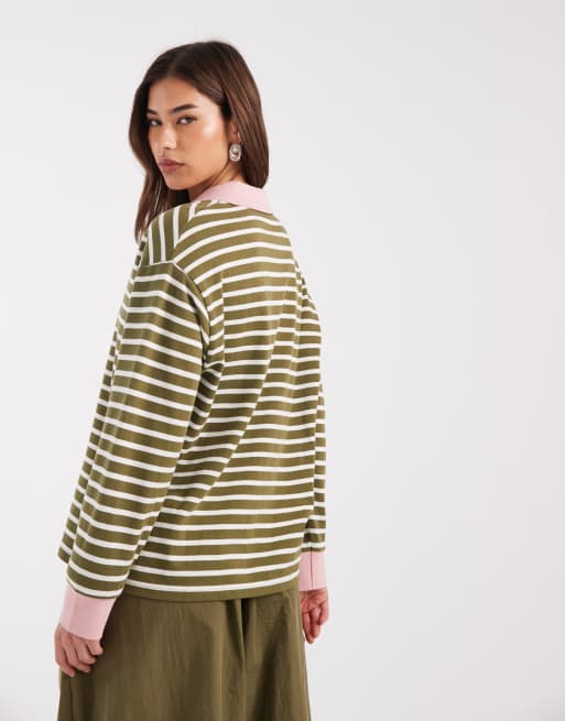 Laagam duse oversized long sleeve contrast stripe polo shirt in green and pink, 3 of 4