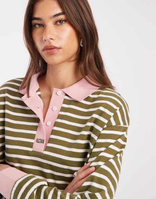Laagam - Duse - Polo oversize a maniche lunghe verde e rosa con righe a contrasto, 4 di 4