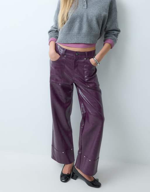 laagam elwyn textured low rise wide leg pants with stud details in burgandy plum, 2 of 5