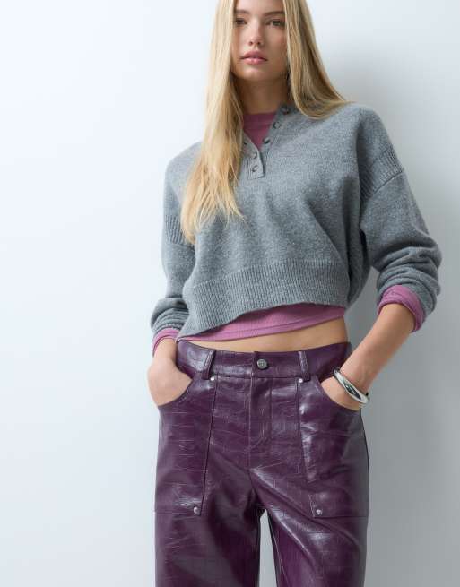 laagam elwyn textured low rise wide leg pants with stud details in burgandy plum, 4 of 5