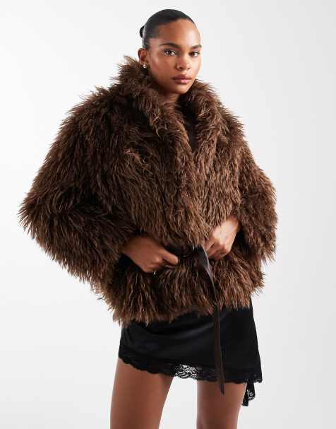 LAAGAM faux-shearling wrap coat in brown - view 1