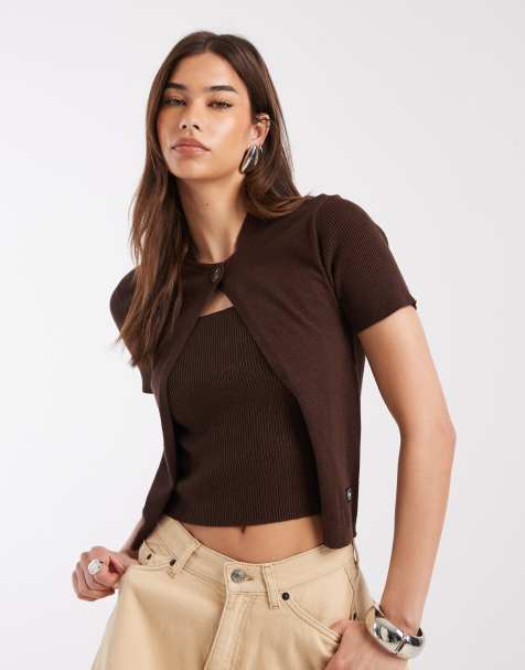 Laagam gala knit top with cardigan overlay in brown - view 1