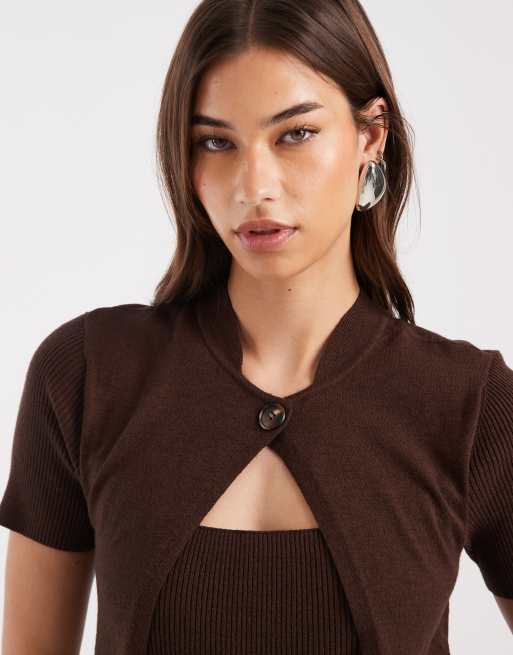 Laagam gala knit top with cardigan overlay in brown, 2 of 4