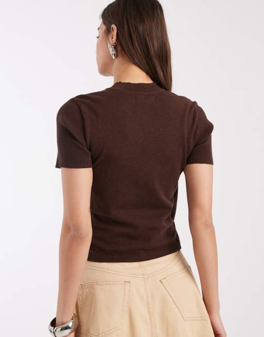 Laagam gala knit top with cardigan overlay in brown, 3 of 4