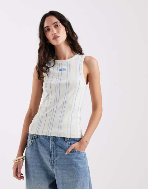 Laagam - Gestreepte tanktop met borduursel in lichtblauw - view 1