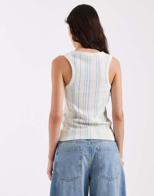 Laagam - Gestreepte tanktop met borduursel in lichtblauw, 4 van 4