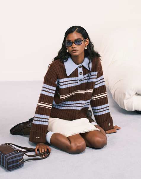 LAAGAM graz polo knit in contrast blue and brown stripe - view 1