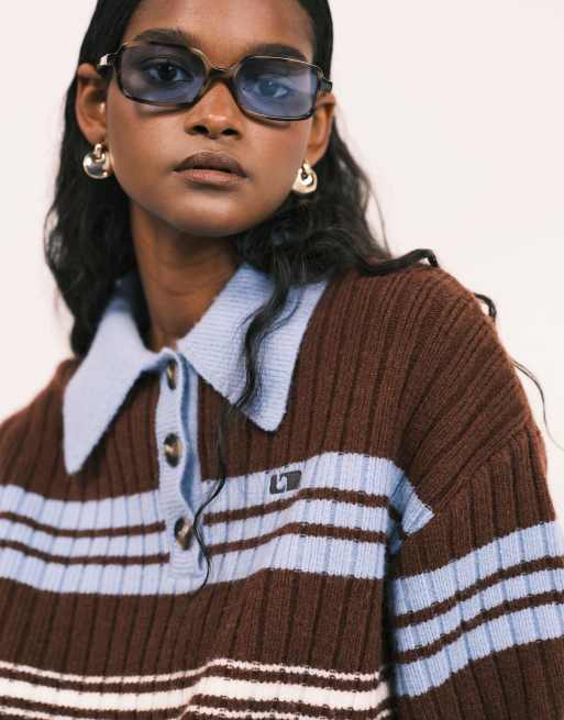 LAAGAM Graz polo knit in contrast blue and brown stripe | ASOS