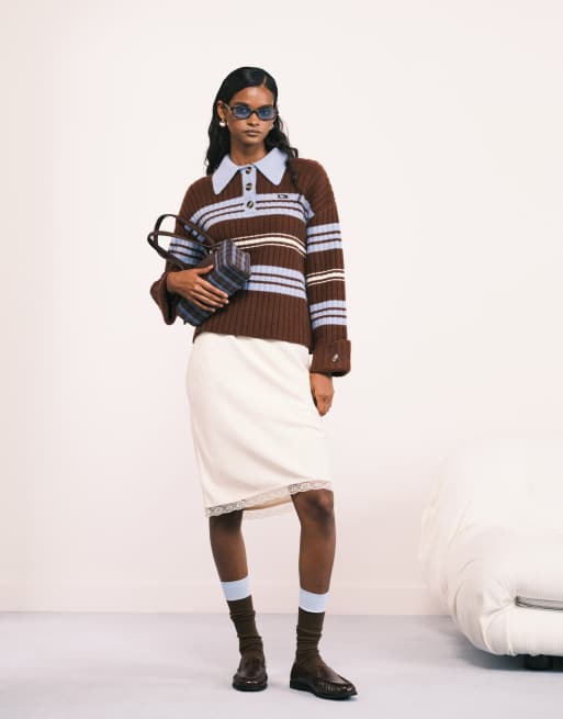 LAAGAM Graz polo knit in contrast blue and brown stripe | ASOS