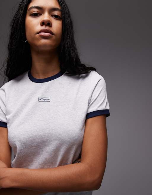 LAAGAM hera logo t-shirt with contrast ribbed neck and sleeves in grey, 3 of 4