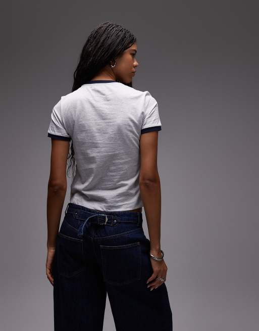 LAAGAM hera logo t-shirt with contrast ribbed neck and sleeves in grey, 4 of 4