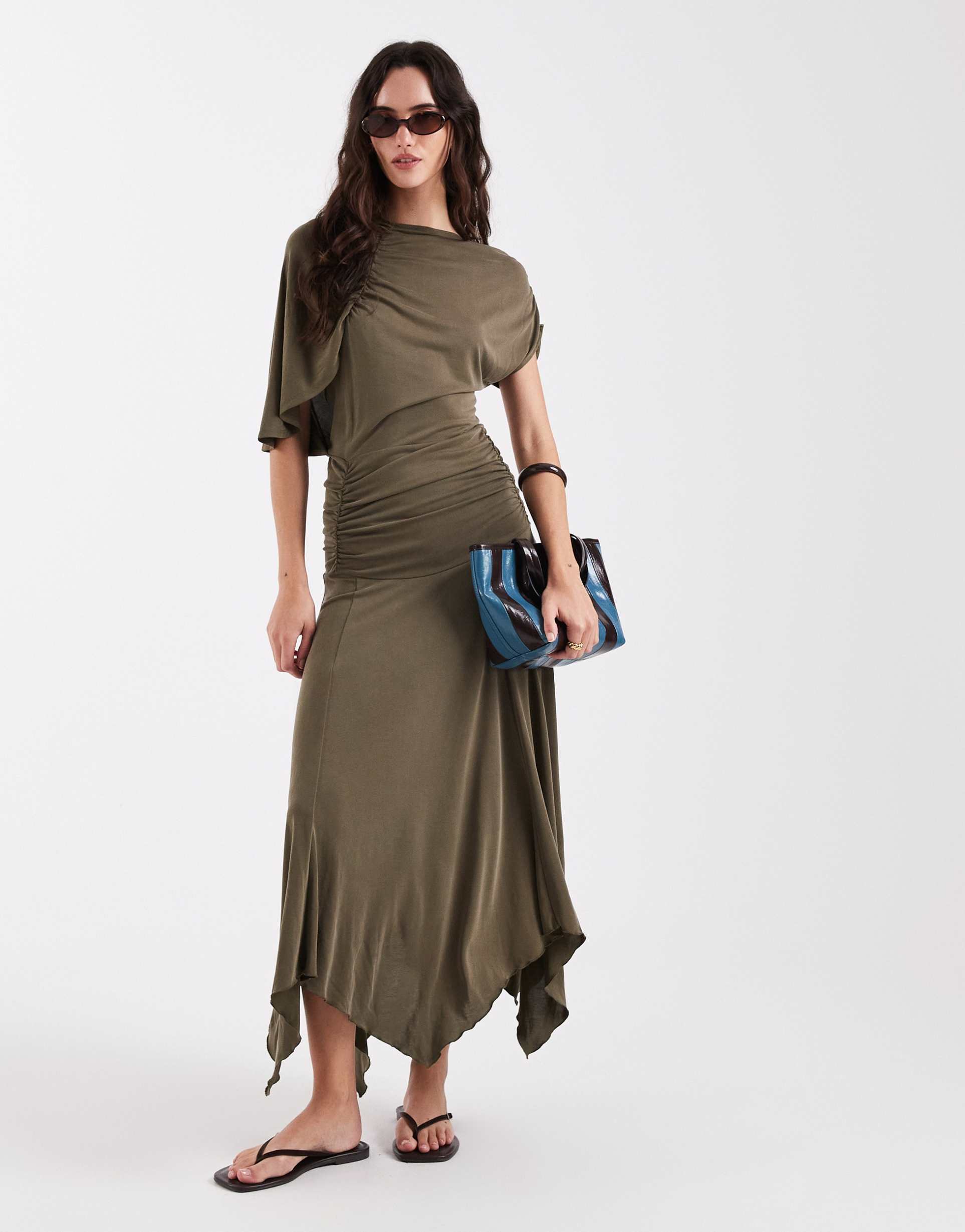 laagam izola asymmetric draped jersey maxi dress in khaki green