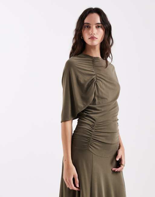 Laagam Izola asymmetric draped jersey maxi dress in khaki green, 2 of 4