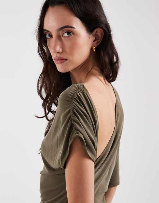 Laagam Izola asymmetric draped jersey maxi dress in khaki green, 3 of 4