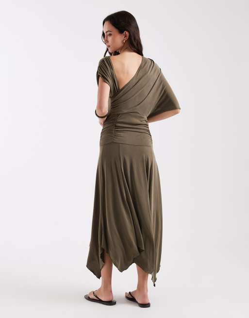Laagam Izola asymmetric draped jersey maxi dress in khaki green, 4 of 4