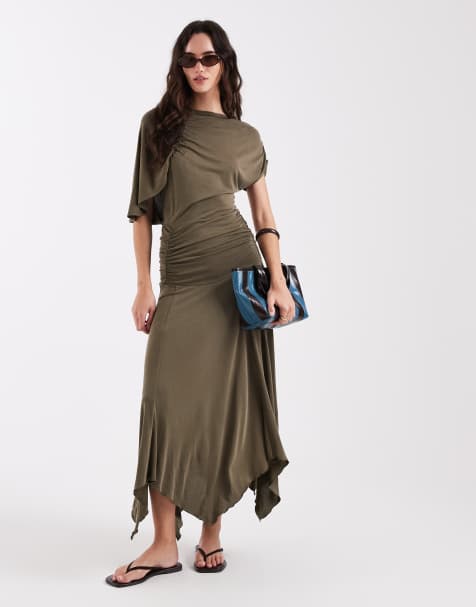 Laagam izola asymmetric jersey draped maxi dress in khaki