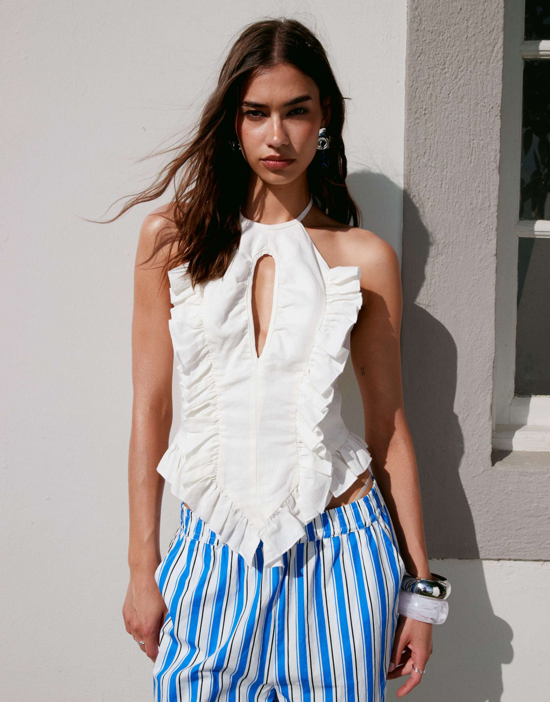 laagam kaine linen mix ruffle halterneck top in white - part of a set
