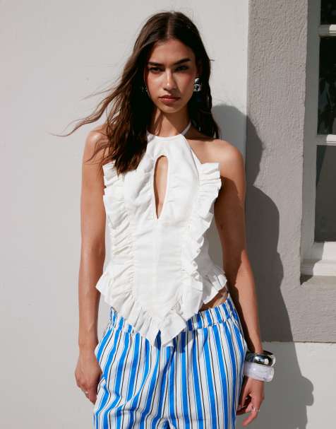 LAAGAM kaine linen ruffle halterneck top in white co-ord