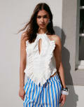 [Laagam] LAAGAM Kaine linen ruffle halterneck top in white (part of a set) L WHITE