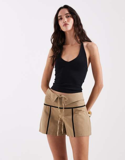 Laagam - Kali - Gonna pantalone a vita medio alta color cammello con doppia fascia in vita e laccetti - view 1