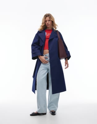Laagam Londres Oversized Trench Coat With Tie In Blue