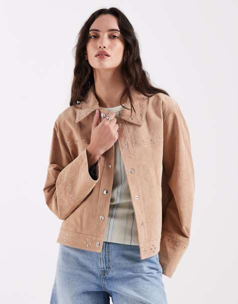 Laagam luana real suede button down jacket in taupe co-ord