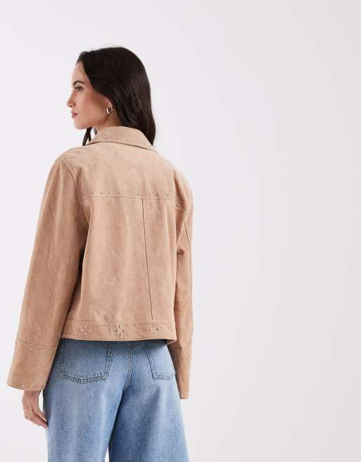 Laagam luana real suede button down jacket in taupe co-ord, 4 of 4