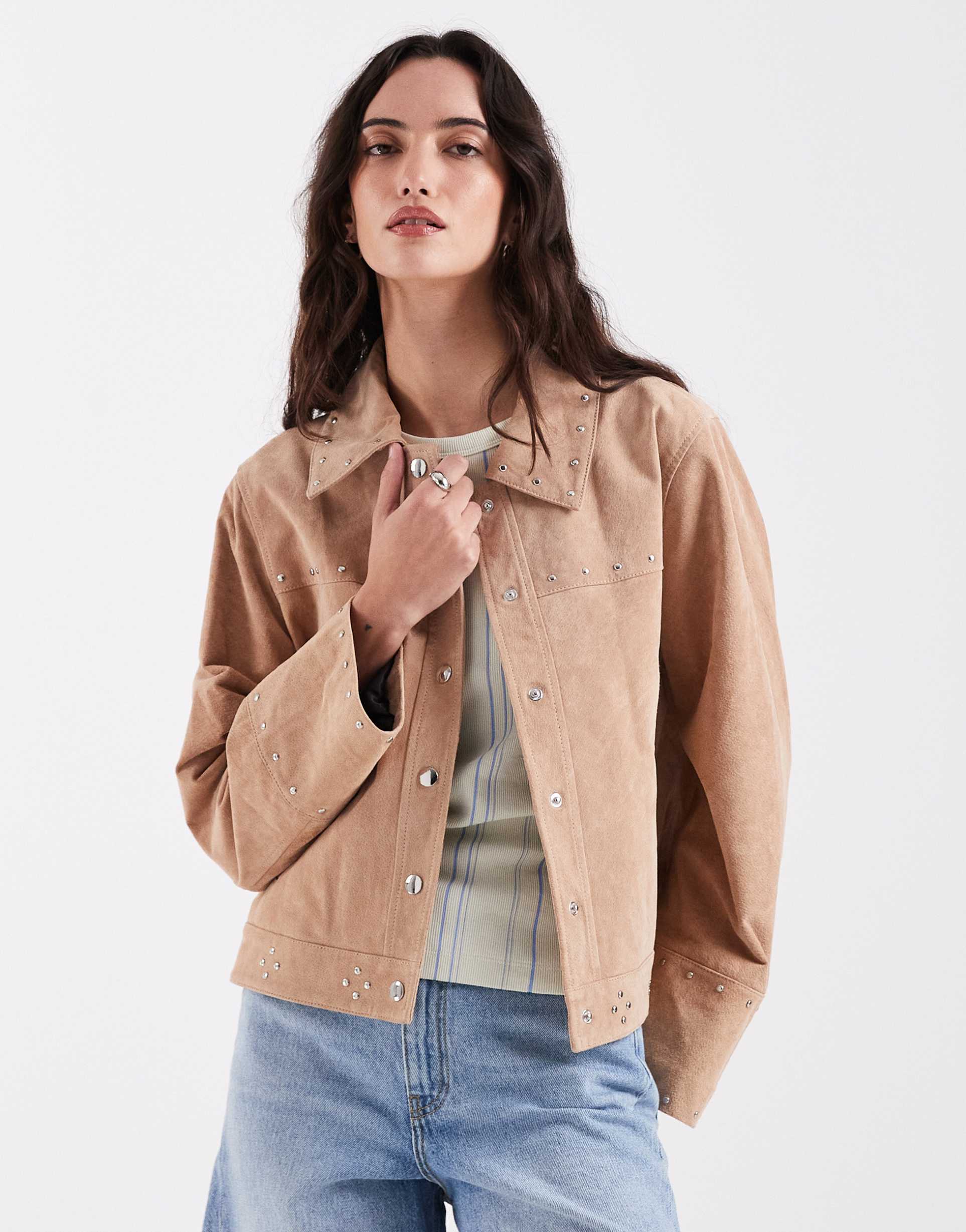 laagam luana real suede button down jacket in taupe - part of a set