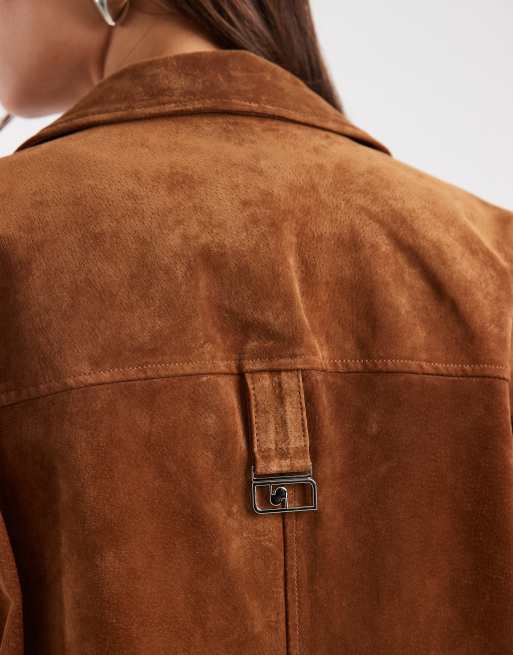 Laagam maira real suede long jacket in brown, 2 of 4