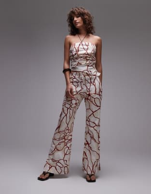 marble linen mix pants with red abstract print - part of a set-Multi