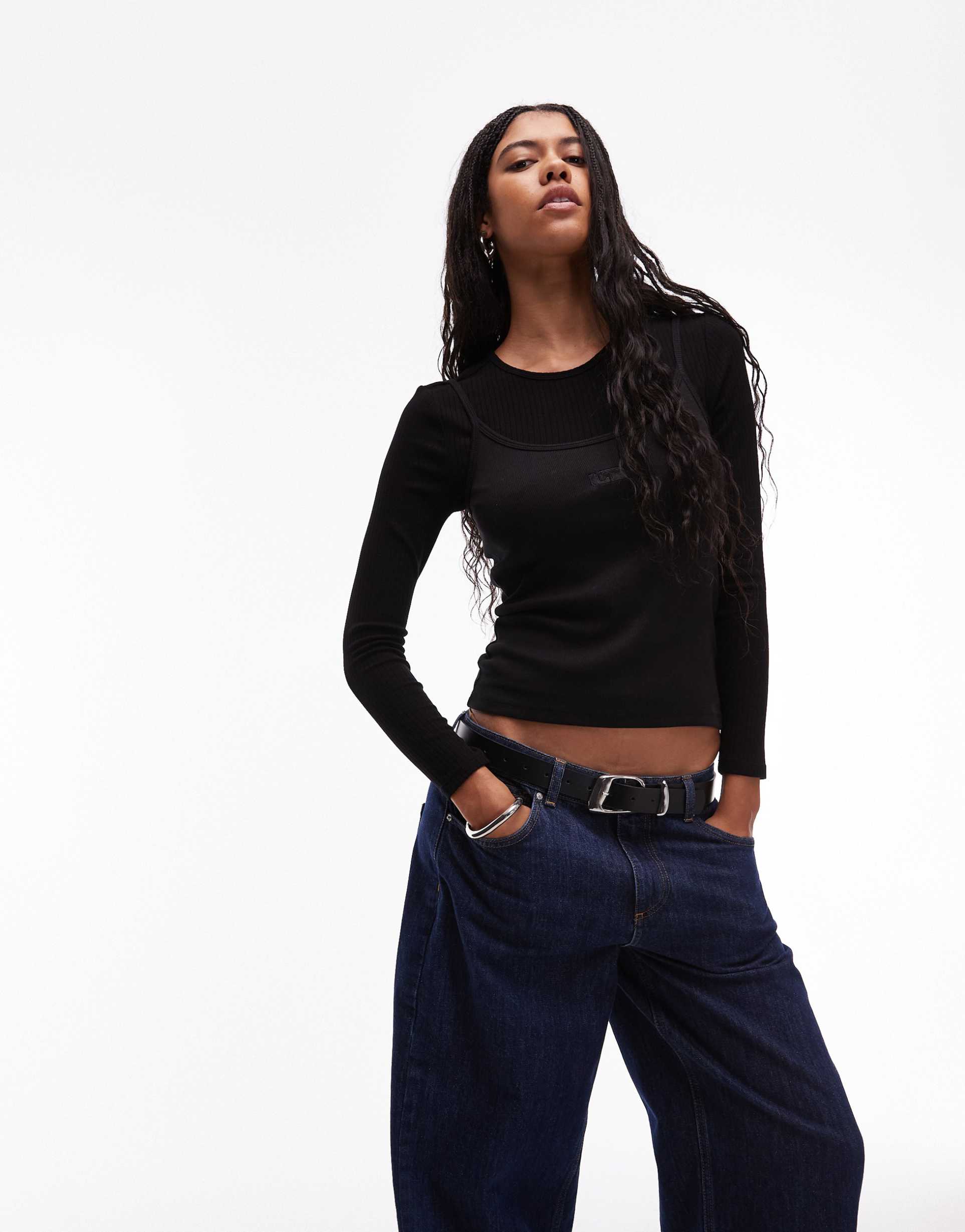 laagam nova double layer long sleeve t-shirt in black