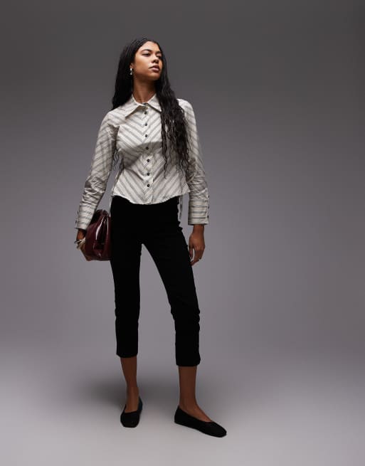 LAAGAM Opera poplin fitted shirt with side ties in black and white stripe, 3 of 4