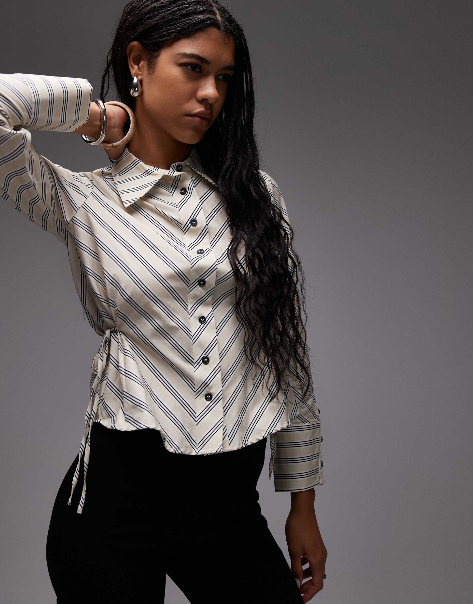 laagam opera poplin fitted shirt with side ties in black and white stripes