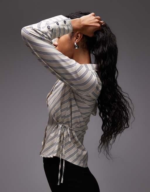 LAAGAM opera poplin fitted shirt with side ties in black and white stripes, 2 of 4