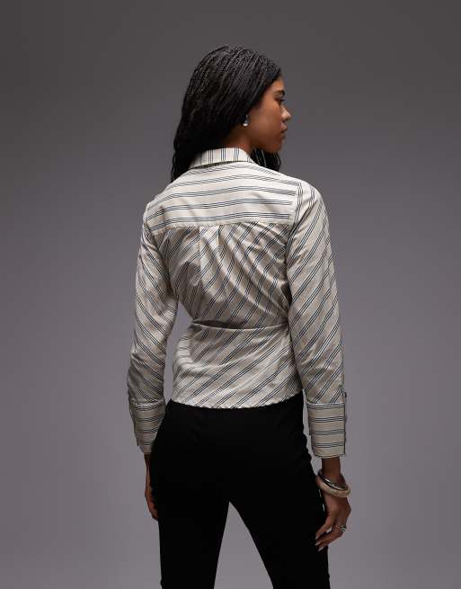 LAAGAM opera poplin fitted shirt with side ties in black and white stripes, 4 of 4