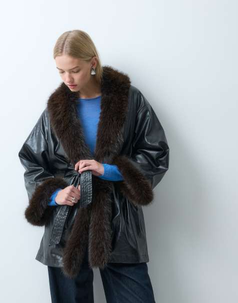Laagam Oriane faux fur trim belted short coat in black - view 1