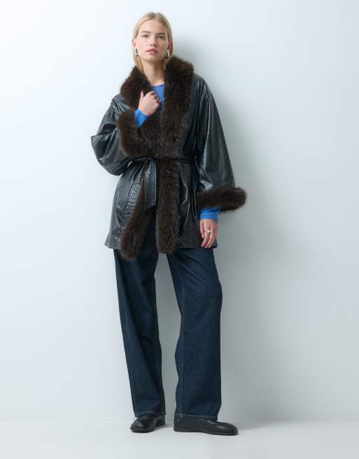 Laagam Oriane faux fur trim belted short coat in black, 2 of 4