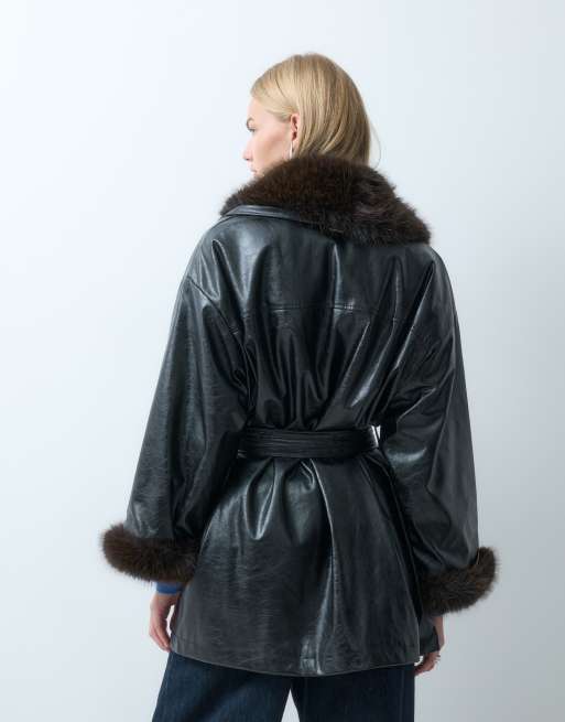 Laagam Oriane fur trim belted short coat in black, 3 of 4