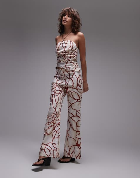 LAAGAM panot marble bandeau top and linen trousers with red abstract print co-ord - view 1