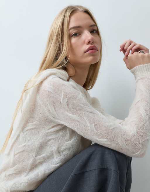 Laagam parker asymmetric textured knitted jumper in ecru, 2 of 4