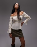 [Laagam] LAAGAM Petra off shoulder sheer textured blouse in ecru-White XL Ecru