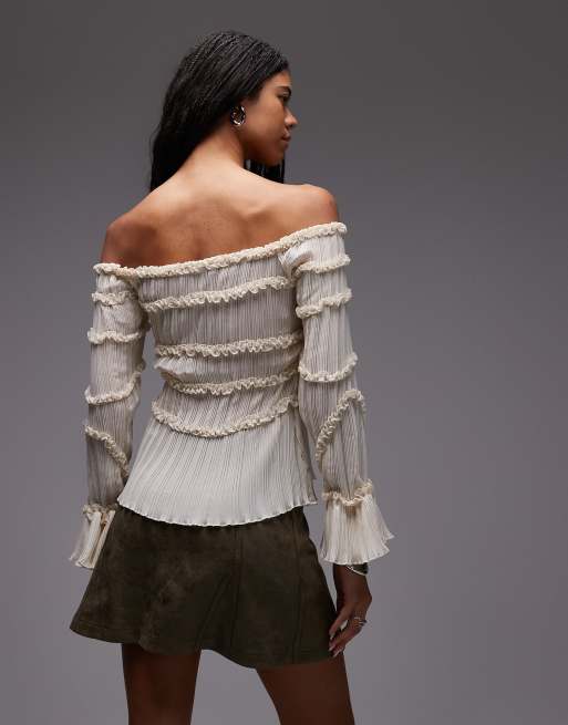 【美品】Louren shoulder cut over blouse LAAGAM petra off shoulder sheer textured blouse in ecru | ASOS