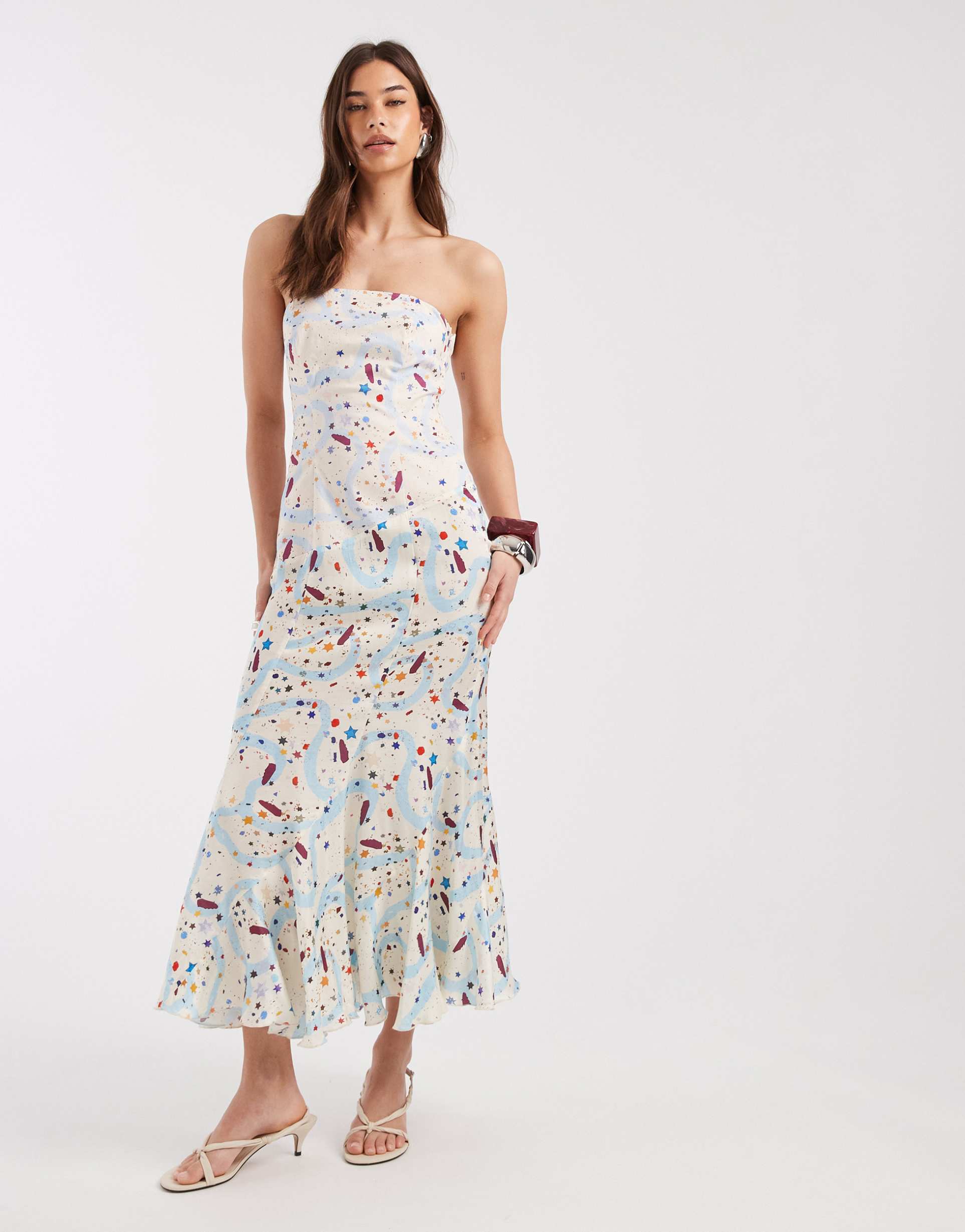 laagam polly bandeau midi dress in multi polka dots