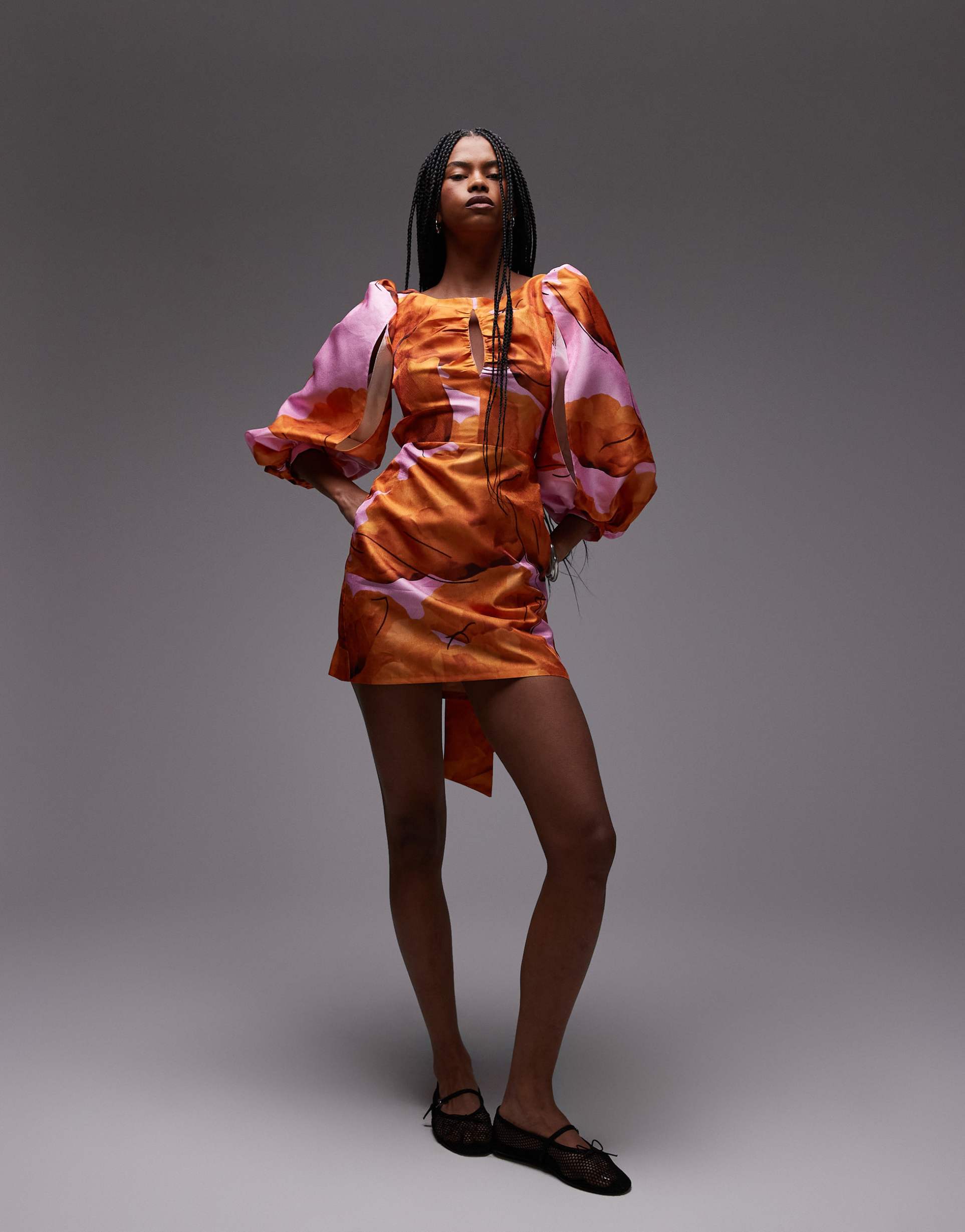 laagam puff sleeve mini dress in pink and orange floral