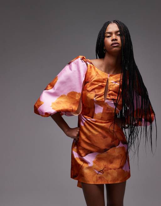 LAAGAM puff sleeve mini dress in pink and orange floral ASOS