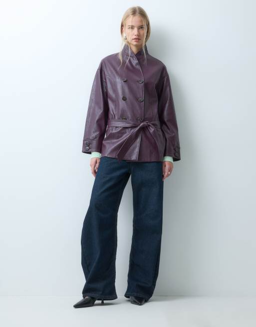 Laagam quinn long jacket with belt in plum, 3 of 4