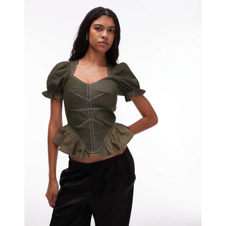 LAAGAM regina fitted bodice puff sleeve blouse in khaki green | ASOS