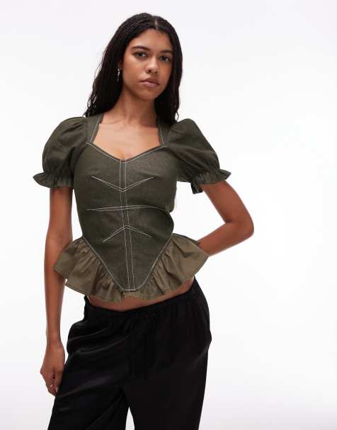 LAAGAM regina fitted bodice puff sleeve blouse in khaki 